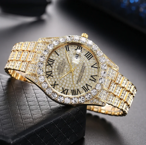 Hot Sale Diamond Bling Watch Men Gold Color Luxury Gift Quartz Watches Male Clock Dropshipping Rhinestone Calendar Wristwatch